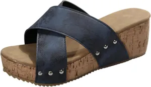 Women's Summer Cork Slide Sandals Slip on with Studded Footbed Open Toe Slippers Criss Cross Wedge Sandals