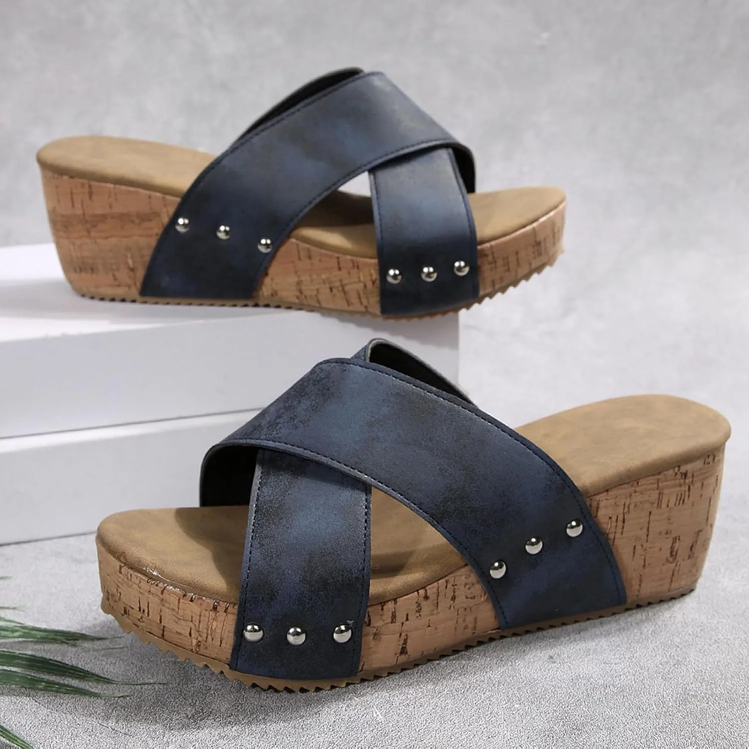 Women's Summer Cork Slide Sandals Slip on with Studded Footbed Open Toe Slippers Criss Cross Wedge Sandals