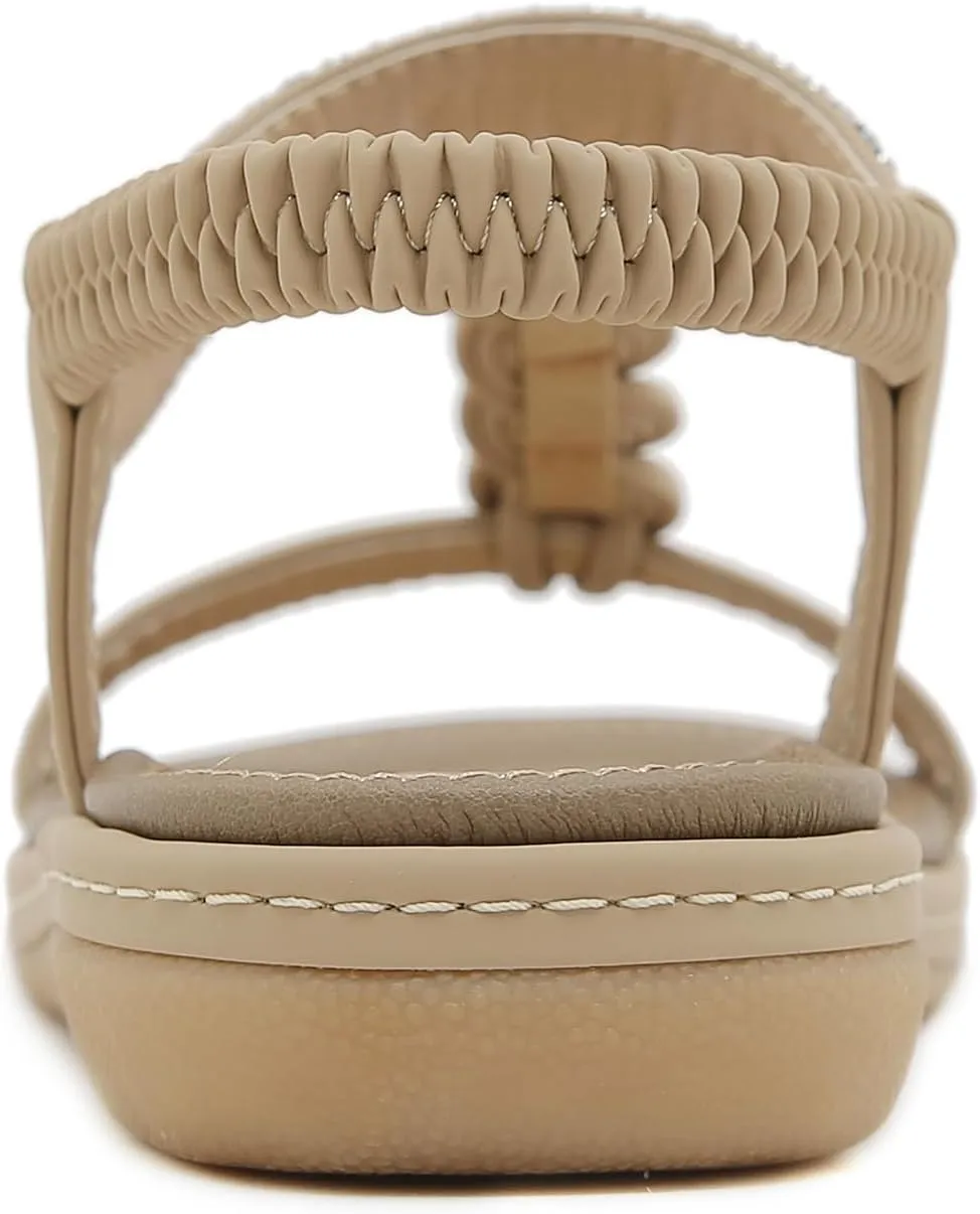 Women's T-Strap Rhinestone Flat Sandals Comfortable Open Toe Elastic Ankle Strap Slip On Walking Sandals Summer Fashion Bohemian Beach Shoes