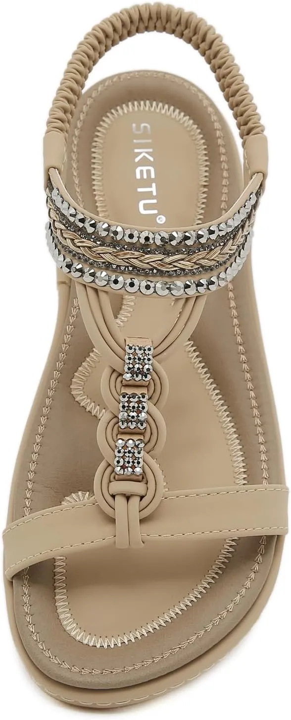 Women's T-Strap Rhinestone Flat Sandals Comfortable Open Toe Elastic Ankle Strap Slip On Walking Sandals Summer Fashion Bohemian Beach Shoes