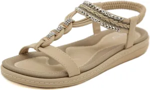 Women's T-Strap Rhinestone Flat Sandals Comfortable Open Toe Elastic Ankle Strap Slip On Walking Sandals Summer Fashion Bohemian Beach Shoes