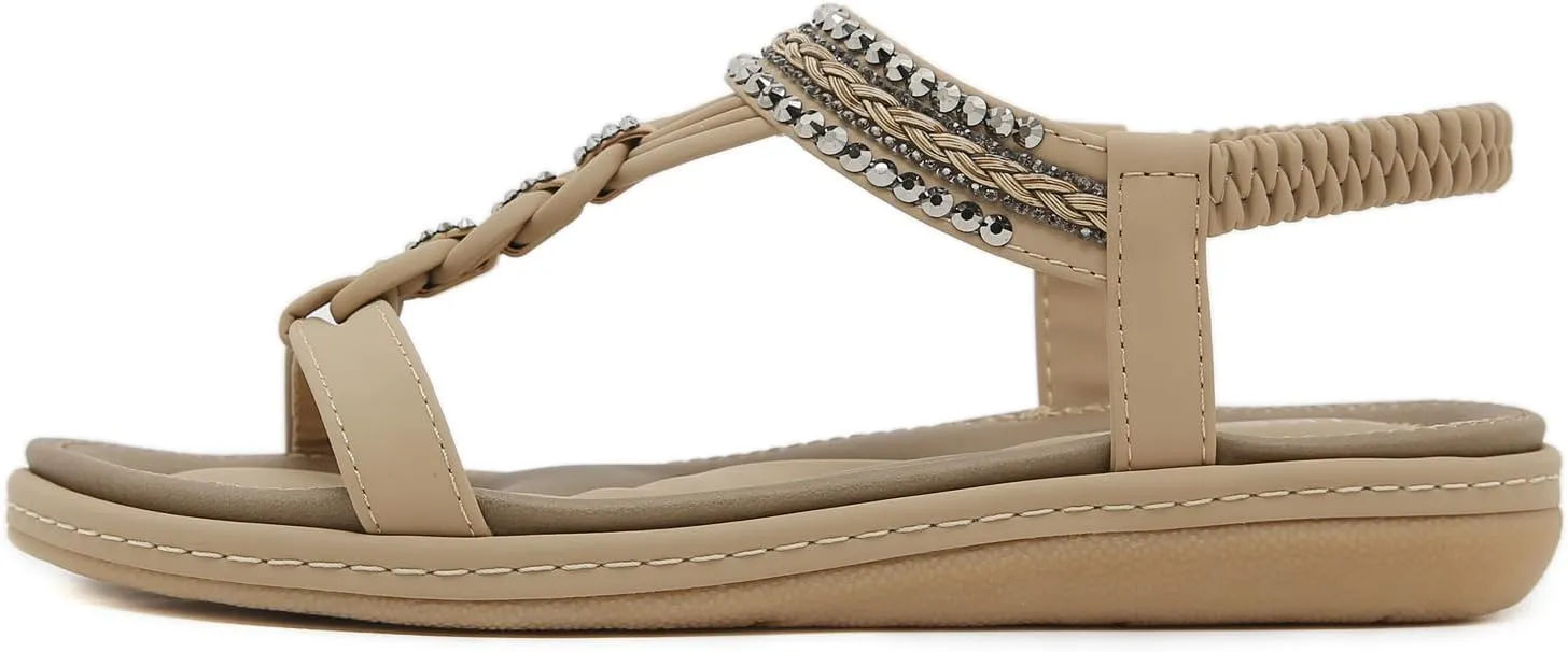Women's T-Strap Rhinestone Flat Sandals Comfortable Open Toe Elastic Ankle Strap Slip On Walking Sandals Summer Fashion Bohemian Beach Shoes