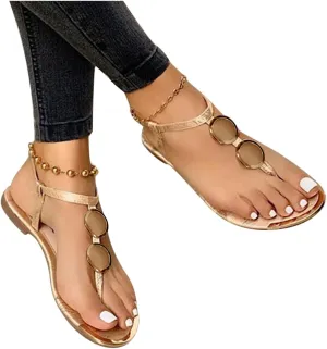 Women's Thong Flat Sandals, Comfortable Flip Flops T-Strap Dress Sandals with Adjustable Ankle Strap Leather Strappy Slip On Summer Shoes Beach Dressy Casual Slides