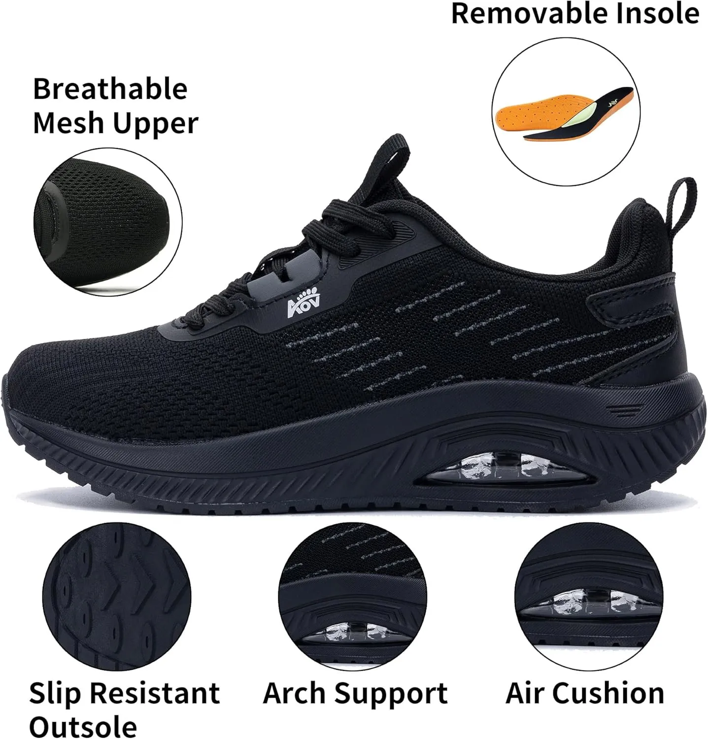 Women's Walking Shoes with Arch Support Orthotic Sneakers for Plantar Fasciitis Heel and Foot Pain Relief Tennis AllBlack Size 8.5