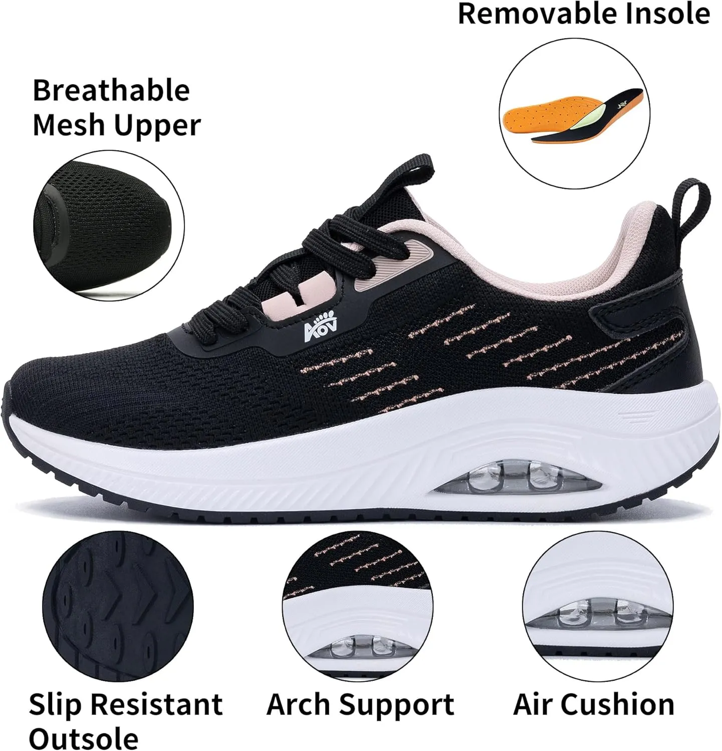 Women's Walking Shoes with Arch Support Orthotic Sneakers for Plantar Fasciitis Heel and Foot Pain Relief Tennis BlackPeach Size 8
