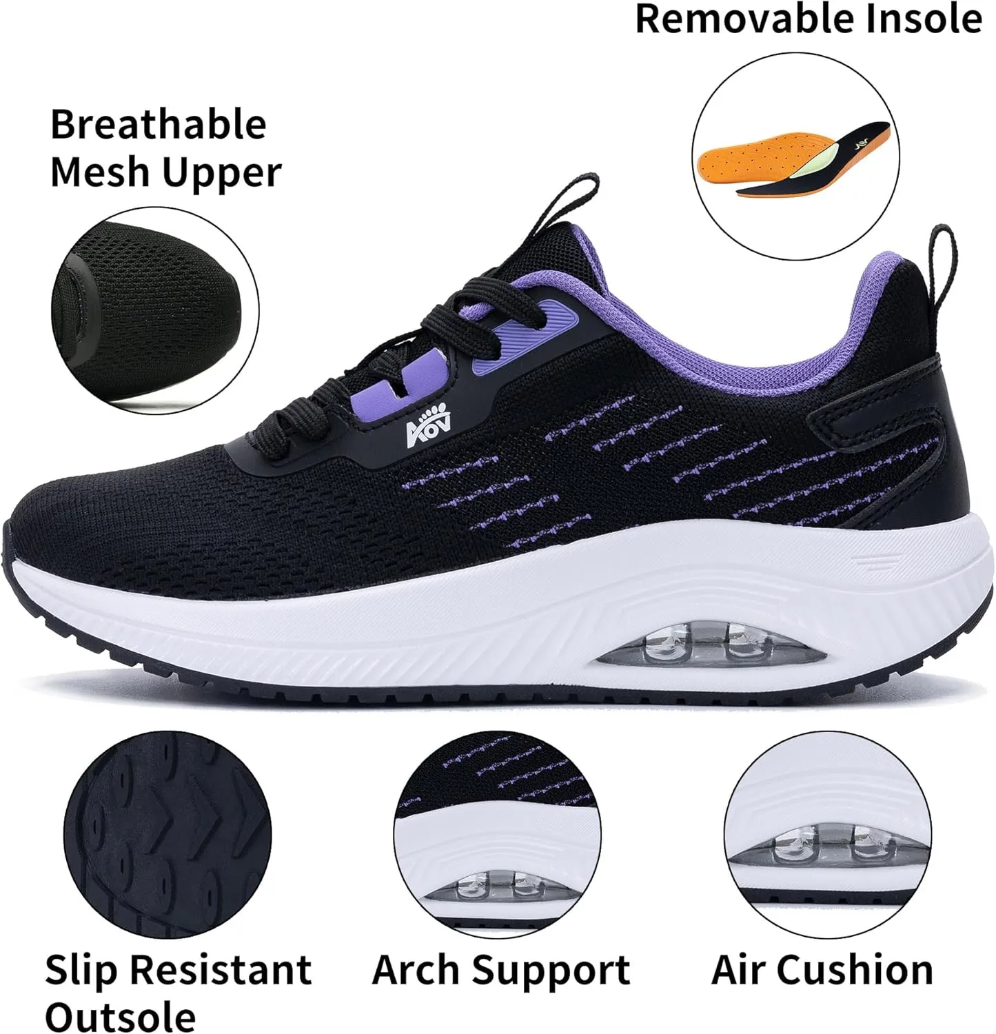 Women's Walking Shoes with Arch Support Orthotic Sneakers for Plantar Fasciitis Heel and Foot Pain Relief Tennis PurpleBlack Size 7