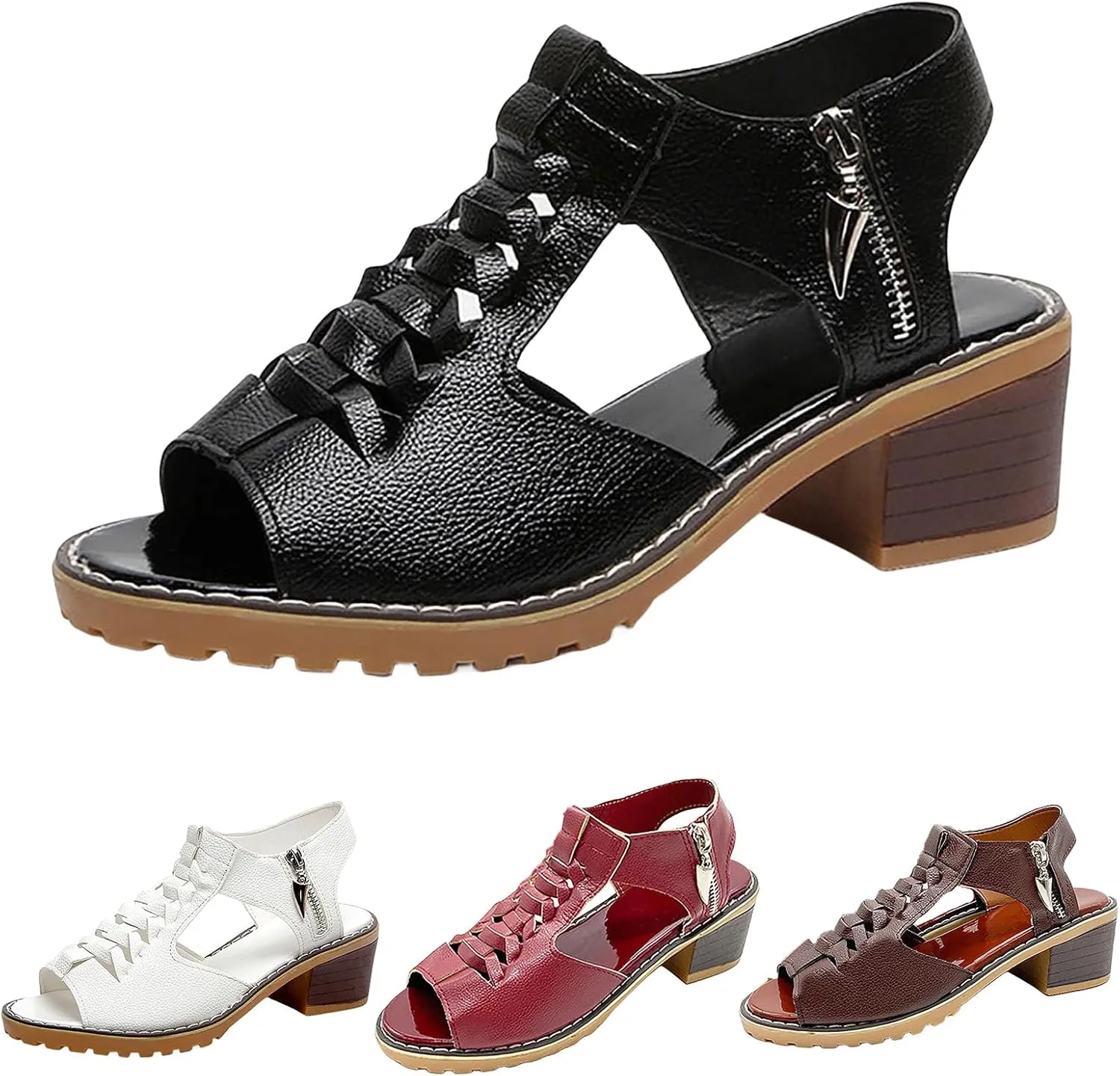 Womens Wedge Sandals Orthopedic Sandals for Women, Peep Toe Cutout Zipper Chunky Heeled Sandal, Summer Comfortable Leather Beach Walking Shoes Slip On Loafers