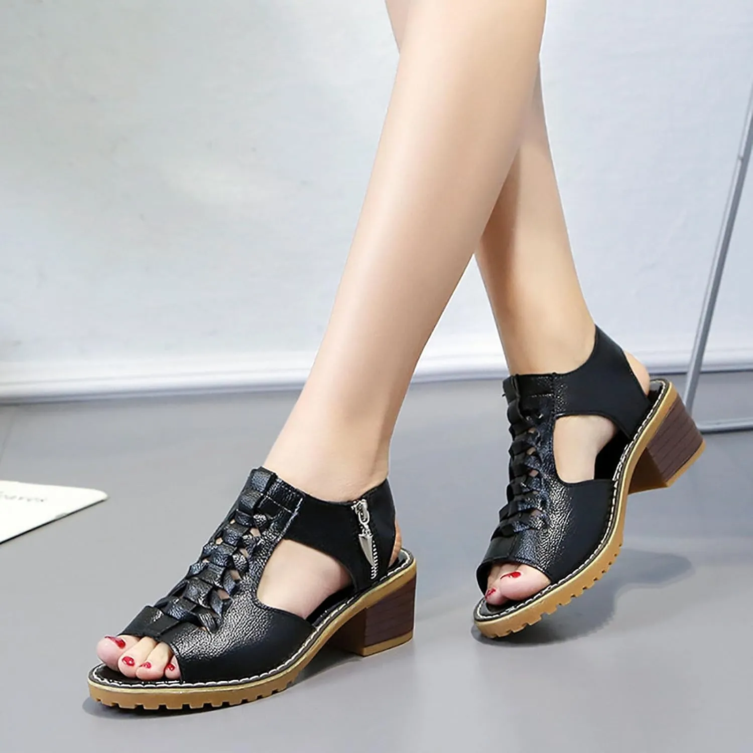 Womens Wedge Sandals Orthopedic Sandals for Women, Peep Toe Cutout Zipper Chunky Heeled Sandal, Summer Comfortable Leather Beach Walking Shoes Slip On Loafers