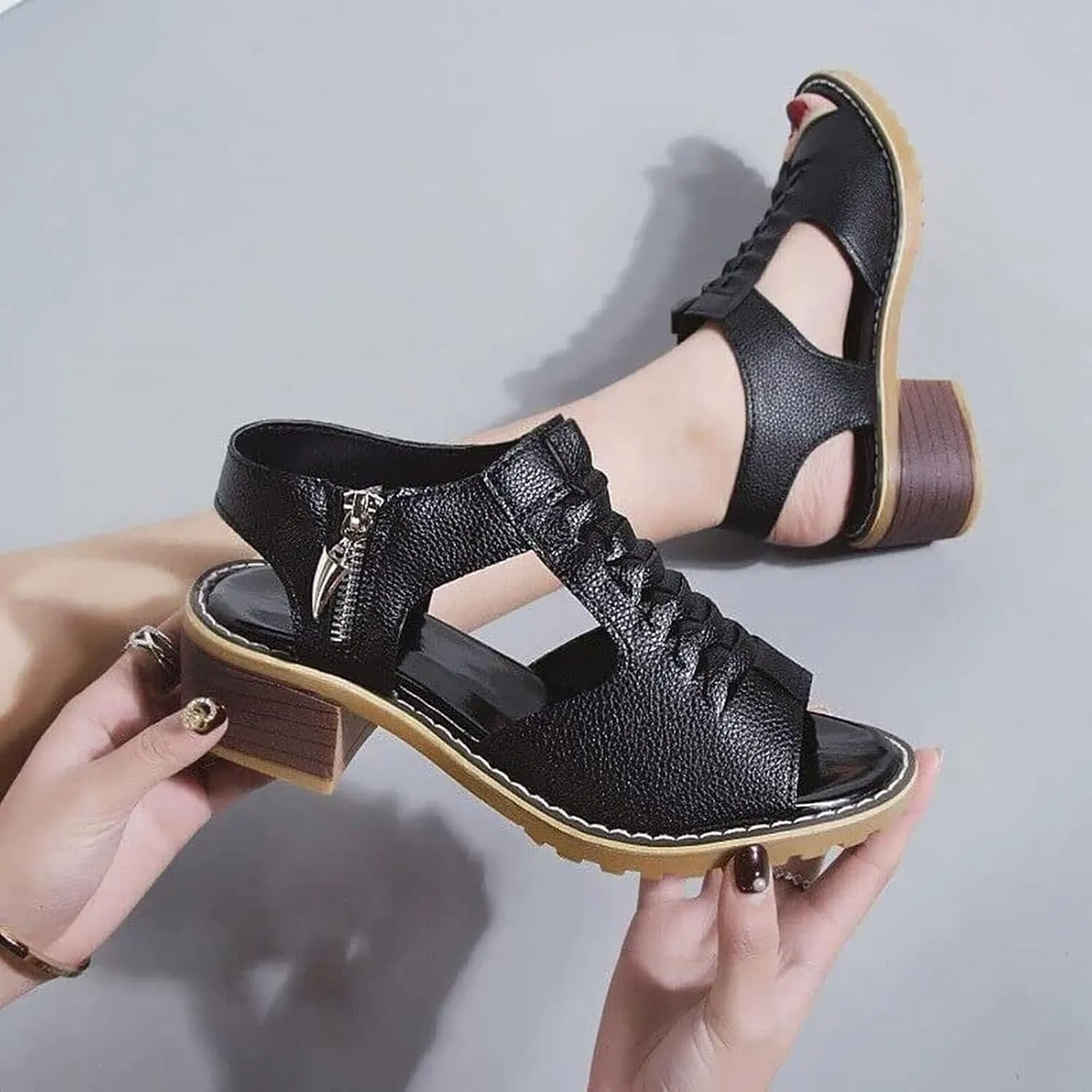 Womens Wedge Sandals Orthopedic Sandals for Women, Peep Toe Cutout Zipper Chunky Heeled Sandal, Summer Comfortable Leather Beach Walking Shoes Slip On Loafers