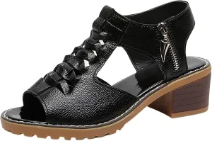 Womens Wedge Sandals Orthopedic Sandals for Women, Peep Toe Cutout Zipper Chunky Heeled Sandal, Summer Comfortable Leather Beach Walking Shoes Slip On Loafers