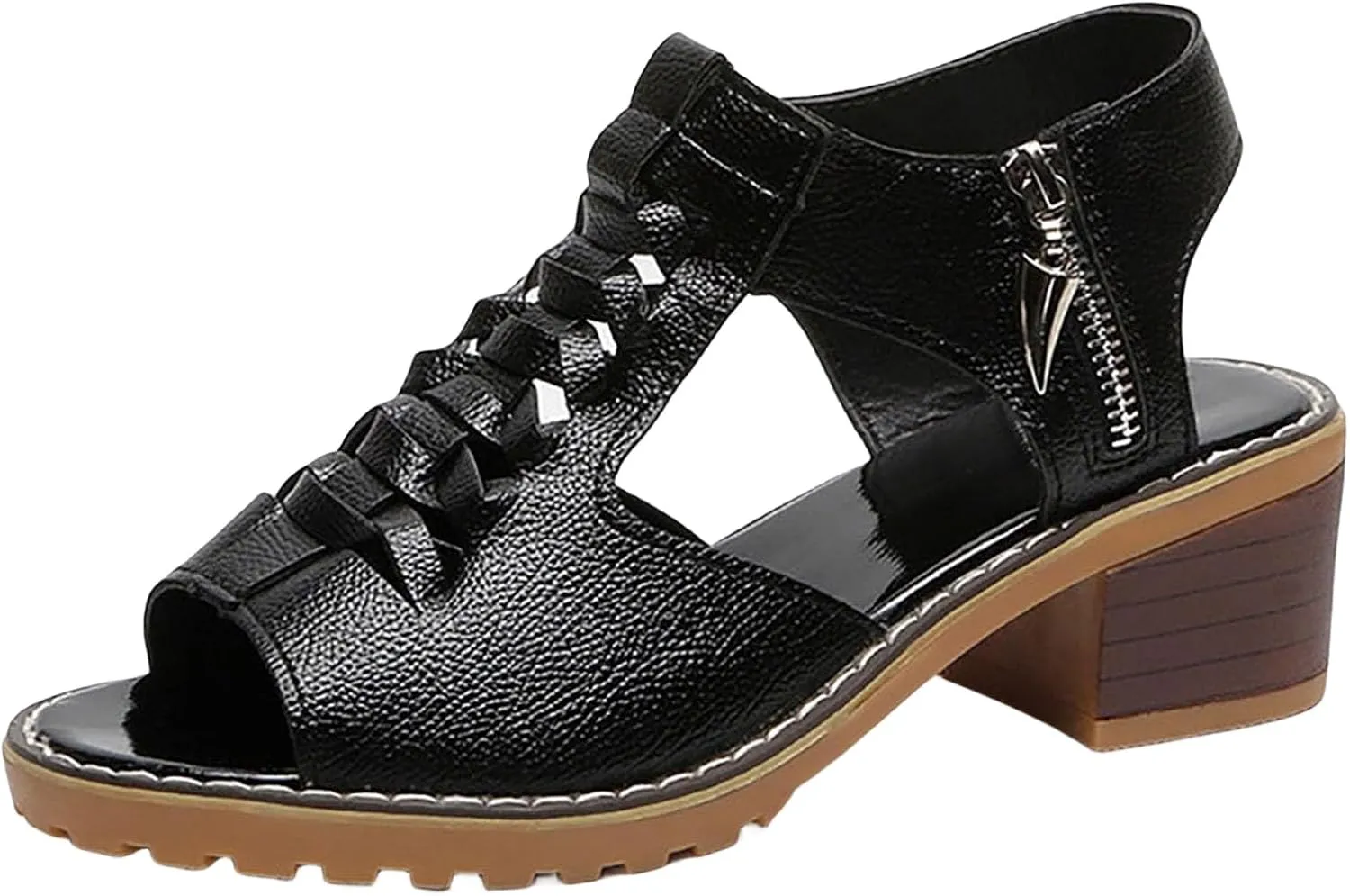 Womens Wedge Sandals Orthopedic Sandals for Women, Peep Toe Cutout Zipper Chunky Heeled Sandal, Summer Comfortable Leather Beach Walking Shoes Slip On Loafers