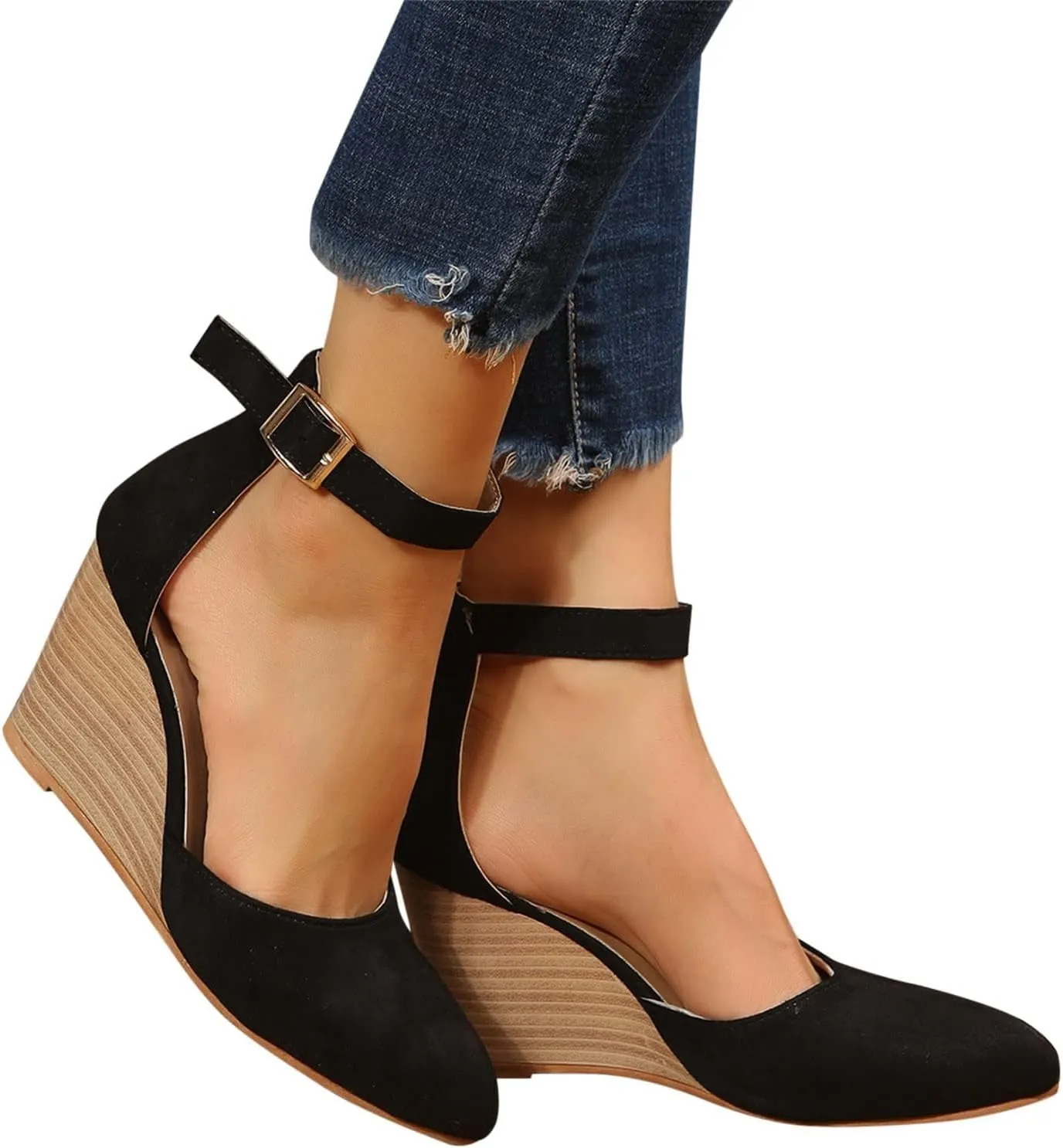Womens Wedge Shoes Closed Toe Ankle Strap Buckle High Heels Pointed Toe Wedges Chunky Sandals Comfortable Office Wedding Dress Shoes