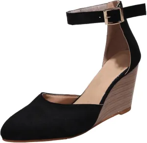 Womens Wedge Shoes Closed Toe Ankle Strap Buckle High Heels Pointed Toe Wedges Chunky Sandals Comfortable Office Wedding Dress Shoes
