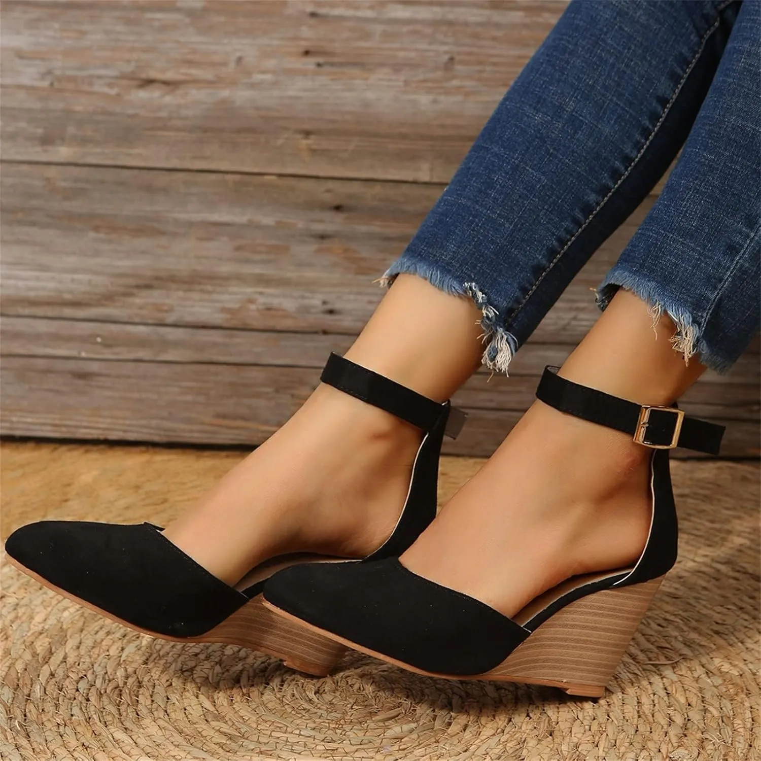 Womens Wedge Shoes Closed Toe Ankle Strap Buckle High Heels Pointed Toe Wedges Chunky Sandals Comfortable Office Wedding Dress Shoes