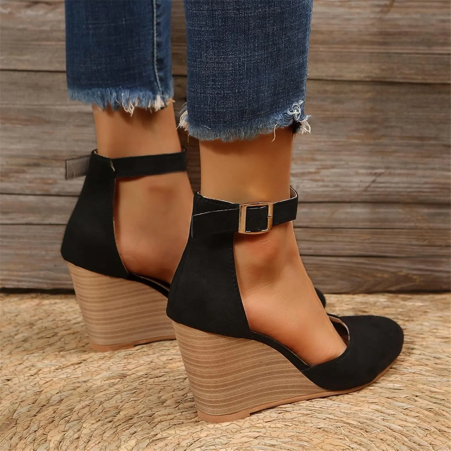 Womens Wedge Shoes Closed Toe Ankle Strap Buckle High Heels Pointed Toe Wedges Chunky Sandals Comfortable Office Wedding Dress Shoes