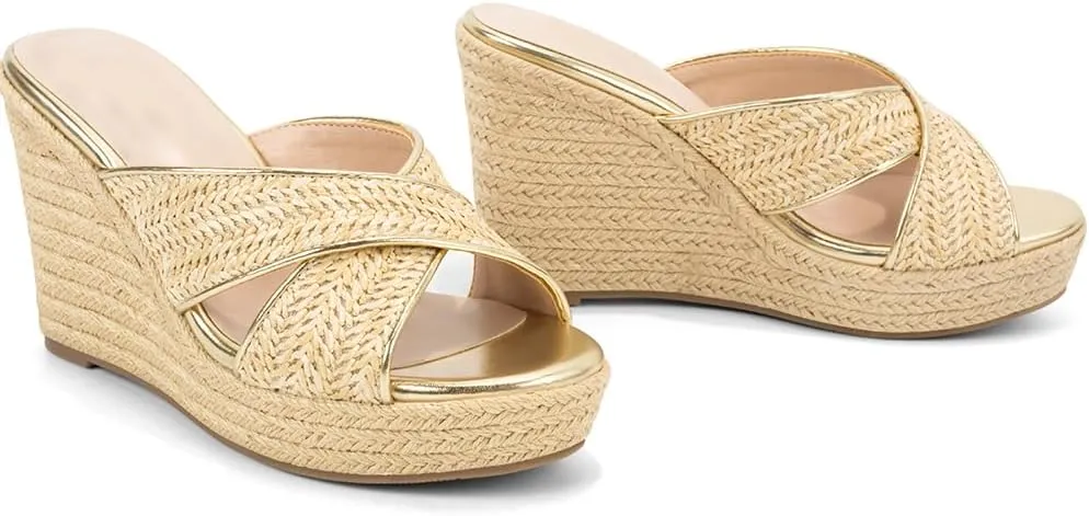 Women's Wedge Slides -Sandals - espadrilles raffia sandals -summer Open Toe platform Slip On high heel casual sandals beach comfortable slippers