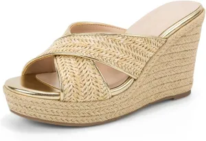 Women's Wedge Slides -Sandals - espadrilles raffia sandals -summer Open Toe platform Slip On high heel casual sandals beach comfortable slippers