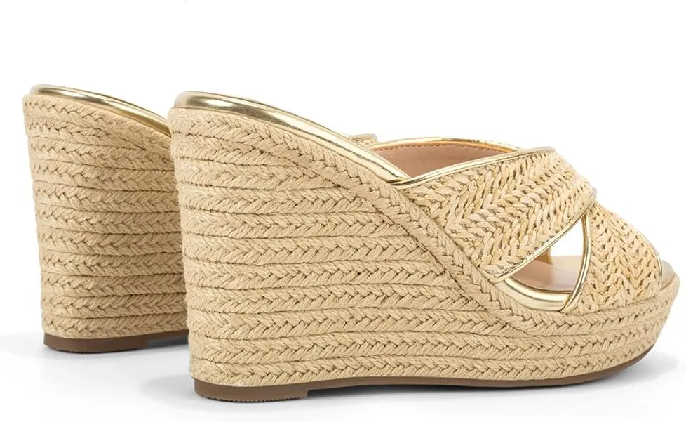 Women's Wedge Slides -Sandals - espadrilles raffia sandals -summer Open Toe platform Slip On high heel casual sandals beach comfortable slippers