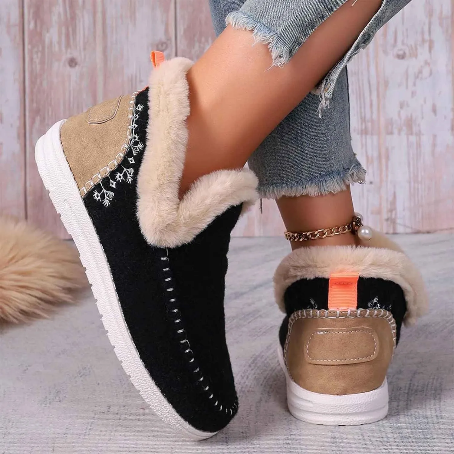 Women's Winter Plush Lined Flat Shoes, Cozy Furry Slip-On Sneakers Warm Plush Lined, Casual Warm Snow Boots for Women (Dark Grey,37)