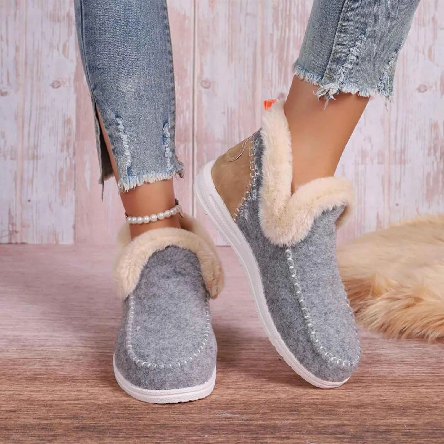Women's Winter Plush Lined Flat Shoes, Cozy Furry Slip-On Sneakers Warm Plush Lined, Casual Warm Snow Boots for Women (Dark Grey,37)
