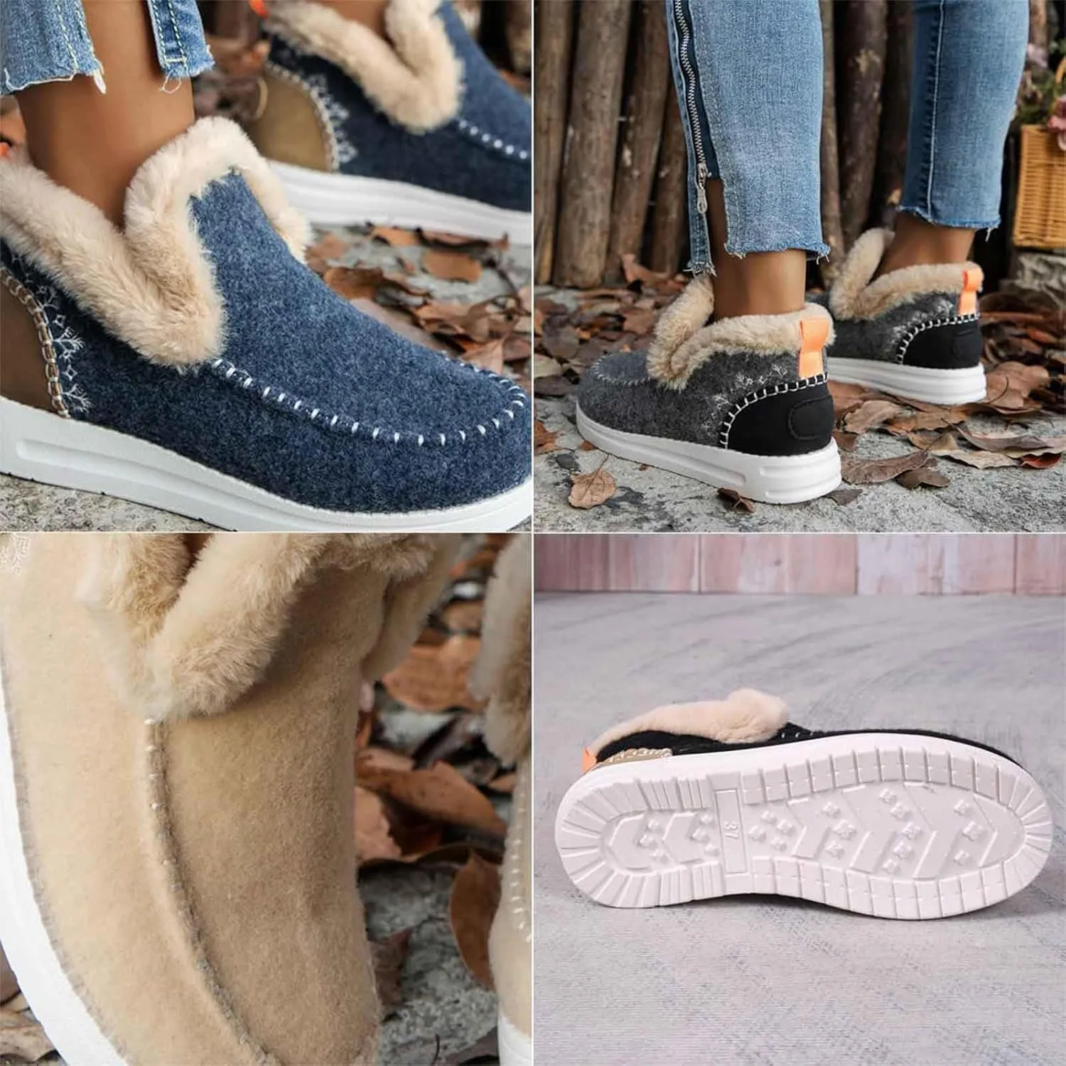 Women's Winter Plush Lined Flat Shoes, Cozy Furry Slip-On Sneakers Warm Plush Lined, Casual Warm Snow Boots for Women (Dark Grey,37)