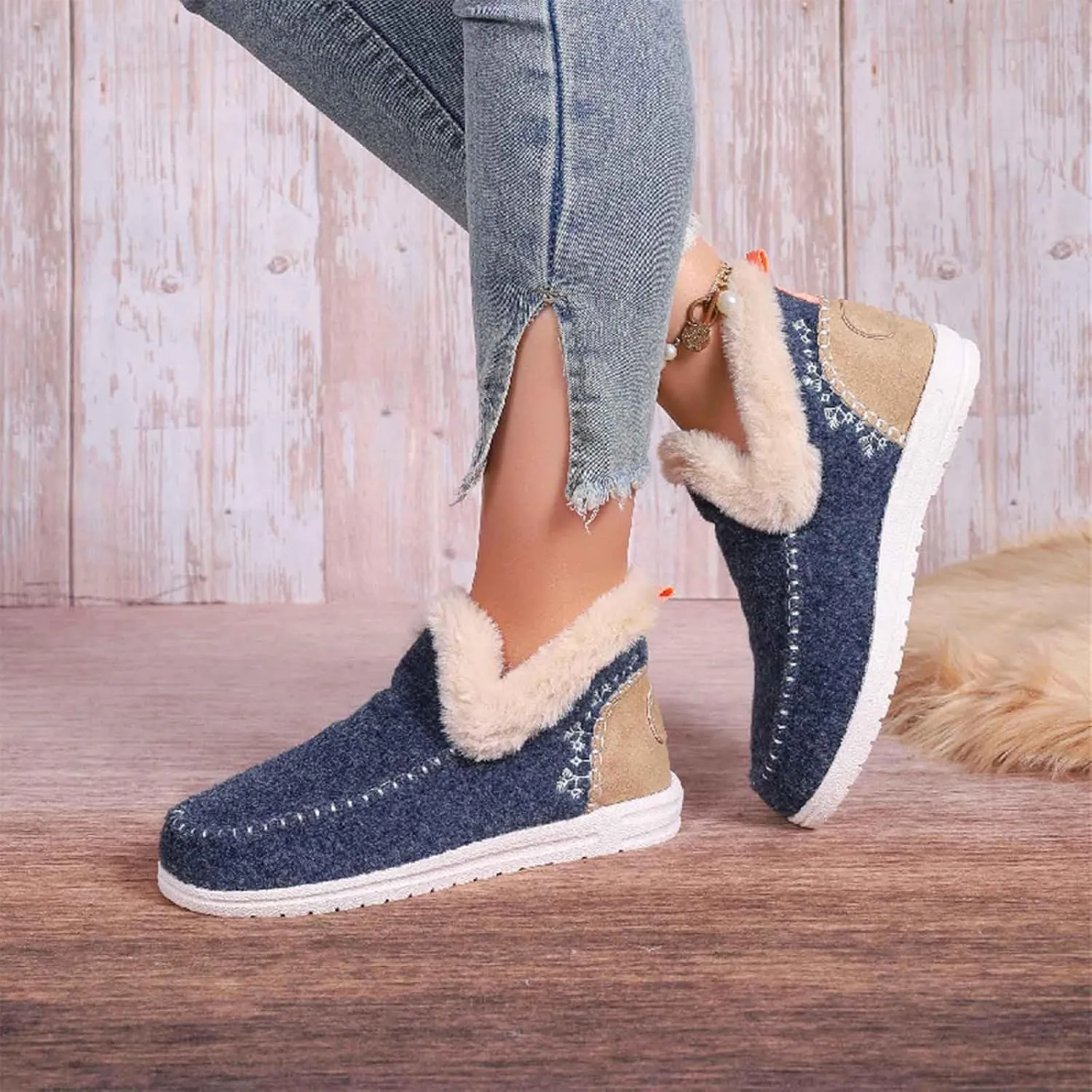 Women's Winter Plush Lined Flat Shoes, Cozy Furry Slip-On Sneakers Warm Plush Lined, Casual Warm Snow Boots for Women (Dark Grey,37)
