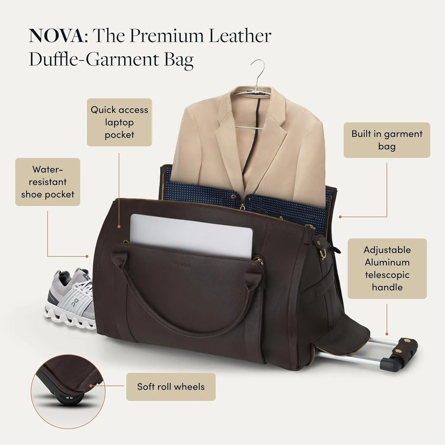 Wool & Oak - NOVA Large Duffle Bag with Wheels - Carry On Garment Duffle Bags for Travel, Overnight, Hospital - Travel Bags for Women & Men with Shoe Compartment & Tech Pocket (Nylon, Black)