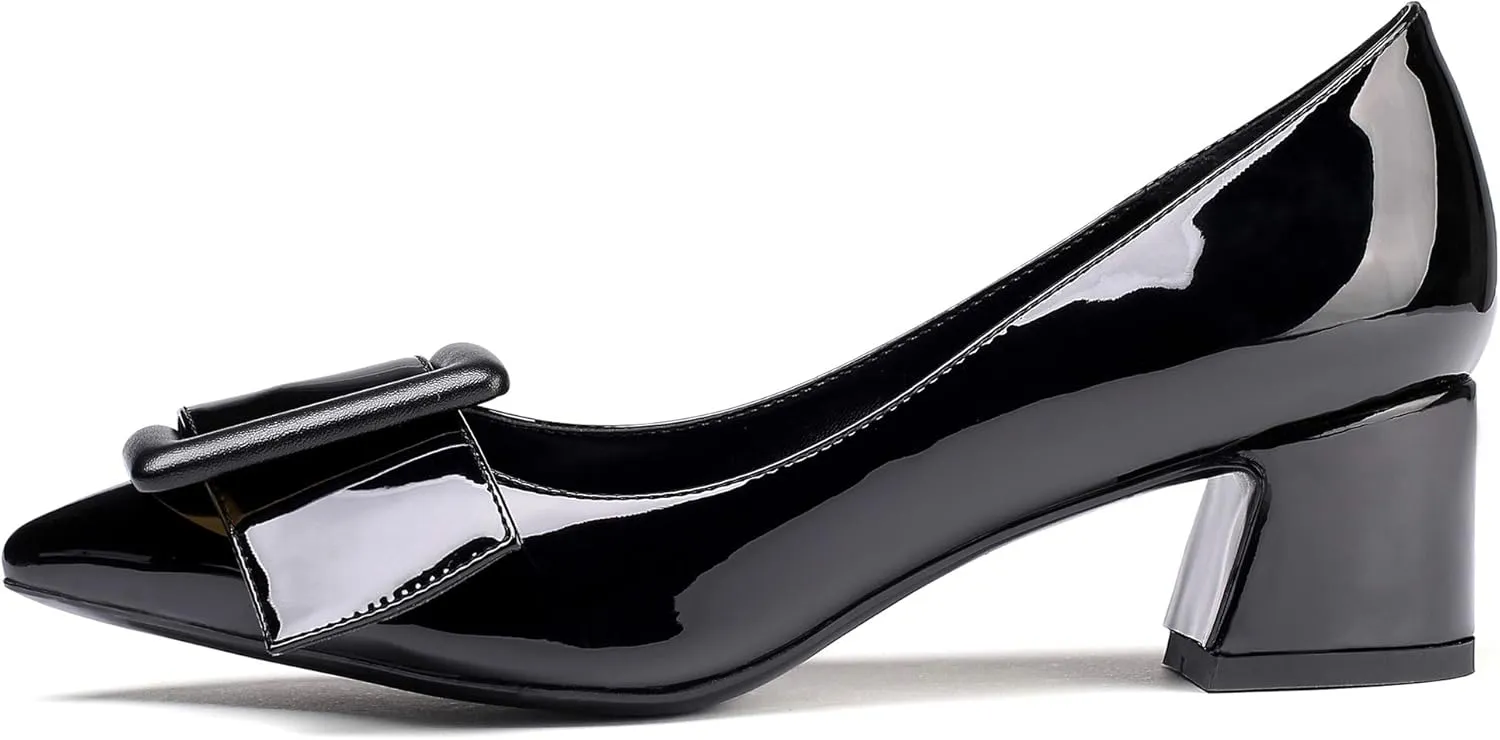 YODEKS Women's Low Block Heels Chunky Heels Slip On Pumps Closed Pointed Toe 2 Inch Dress Bow Loafer Shoes for Wedding Office