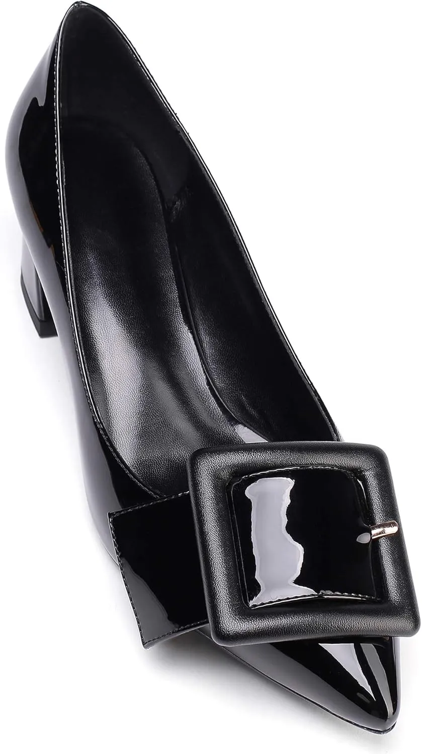YODEKS Women's Low Block Heels Chunky Heels Slip On Pumps Closed Pointed Toe 2 Inch Dress Bow Loafer Shoes for Wedding Office