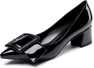 YODEKS Women's Low Block Heels Chunky Heels Slip On Pumps Closed Pointed Toe 2 Inch Dress Bow Loafer Shoes for Wedding Office