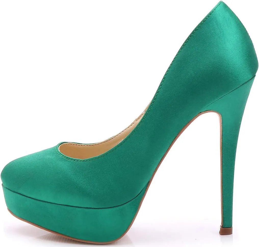 YooPrettyz Women Round Toe Wedding Pumps Platform Satin Stiletto Slip On Evening Heels