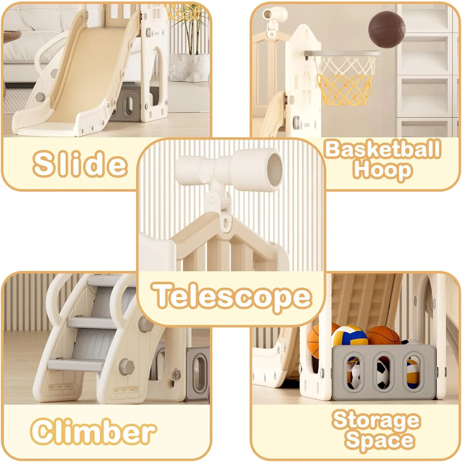 YUFU 5 in 1 Toddler Slide, Kids Climber Slide with Basketball Hoop and Ball, Indoor Outdoor Playset for Toddlers Age 1-3 (Beige Coffee)