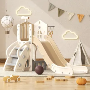 YUFU 5 in 1 Toddler Slide, Kids Climber Slide with Basketball Hoop and Ball, Indoor Outdoor Playset for Toddlers Age 1-3 (Beige Coffee)