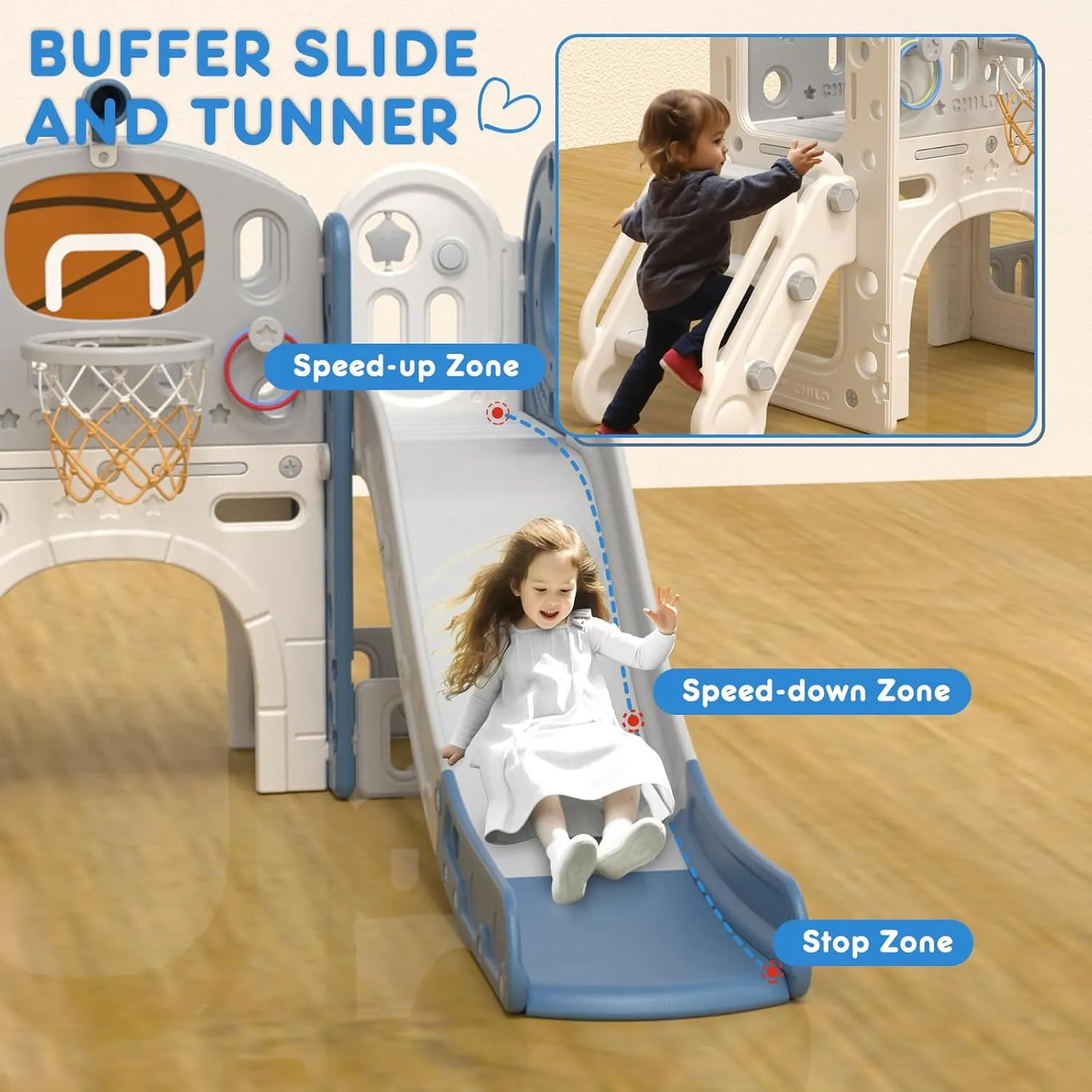 YUFU 9 in 1 Toddler Slide, Kids Slide for Toddlers Age 1-3, Toddler Playset with Basketball Hoop and Ball, Toddlers Outdoor Indoor Playground (Blue Gray)