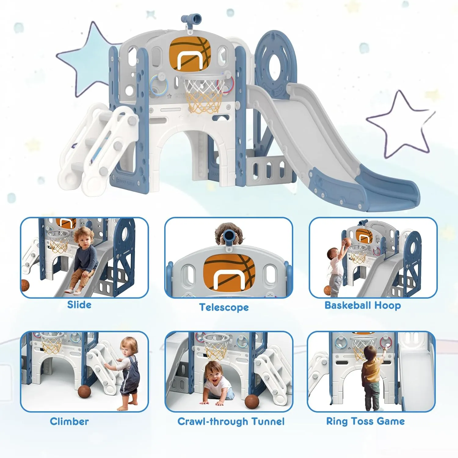 YUFU 9 in 1 Toddler Slide, Kids Slide for Toddlers Age 1-3, Toddler Playset with Basketball Hoop and Ball, Toddlers Outdoor Indoor Playground (Blue Gray)