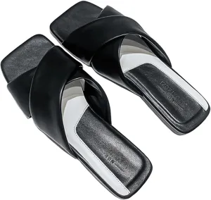 Zeberfi Women's Leather Cross Strap Flat Slide Sandals Fashion Open Square Toe Soft Comfortable Slip On Beach Shoes Summer Breathable Casual Sandals